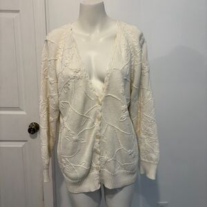 Vintage Prides Landings Petite Large Floral Embroidered Knit Grandma Cardigan